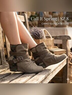 Call It Spring Camo & Canvas Slouch Ankle Boots - Size 8